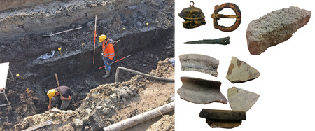 Links: impressie van het veldwerk; het documenteren van het hekwerk op de dijk. Rechts: enkele vondsten, waaronder keramiek uit de 11e – midden 13e eeuw, een maalsteen fragment, een belletje, een gesp en een nestel