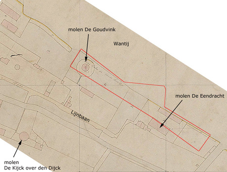 Het plangebied weergegeven op de kadastrale minuut uit 1832 met daarop de locatie van molen De Goudvink op een eilandje in een balkgat