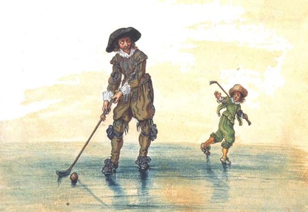 In: Adriaen van de Venne's album: 'Man en jongen, colf spelend op het ijs', 1626. British Museum, Londen.