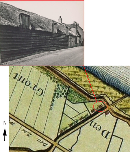 De locatie van het plangebied Vissersdijk, weergegeven op de oudste kaart waarop bebouwing staat aangegeven; Van Nispen uit 1673. Daarboven de oorspronkelijke 17e –eeuwse boerderij in 1955-1964. Links de in 1965 afgebrande schuur en rechts het woondeel, het huidige Vissersdijk 42.