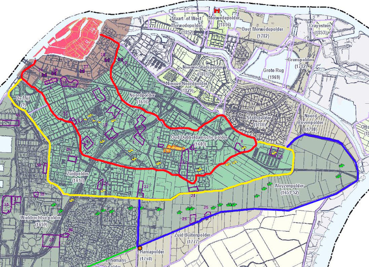 Oud Dubbeldamse Polder (rood), Zuidpolder (geel), Alloyse- of Bovenpolder (blauw) Oud Dubbeldamse Polder (rood), Zuidpolder (geel), Alloyse- of Bovenpolder (blauw)